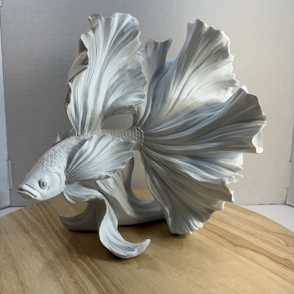 Large White Resin Betta Fish Figurine Sea Life Decor Sculpture 9.5 Inch